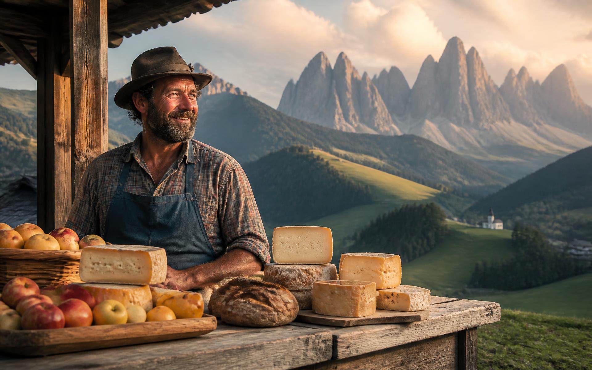 A South Tyrolean farmer at his market stall with cheese and apples, Dolomites behind